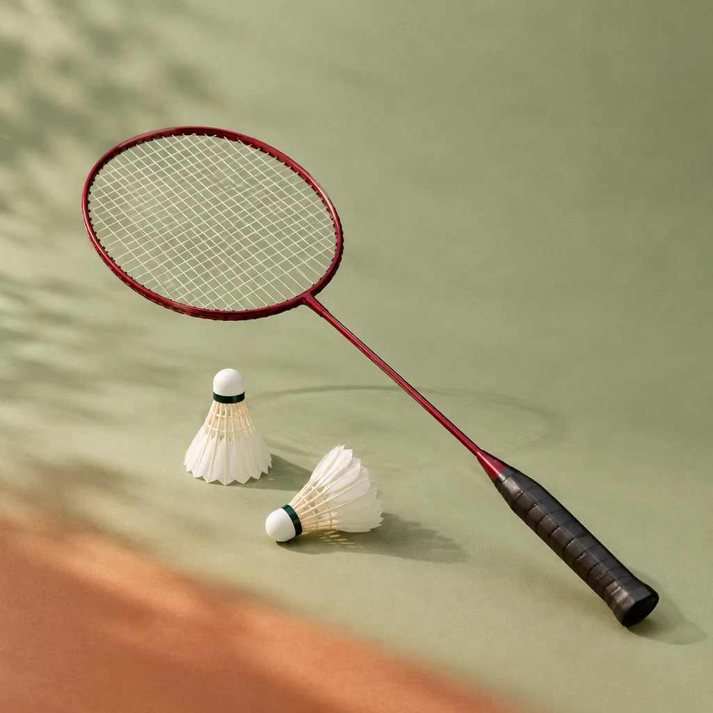 Red carbon badminton racket with two feather shuttlecocks