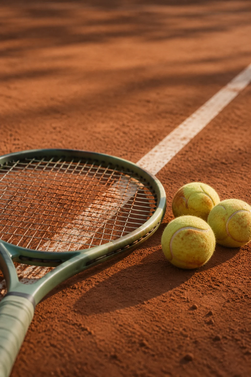 Tennis racket and three balls lying on a red clay court