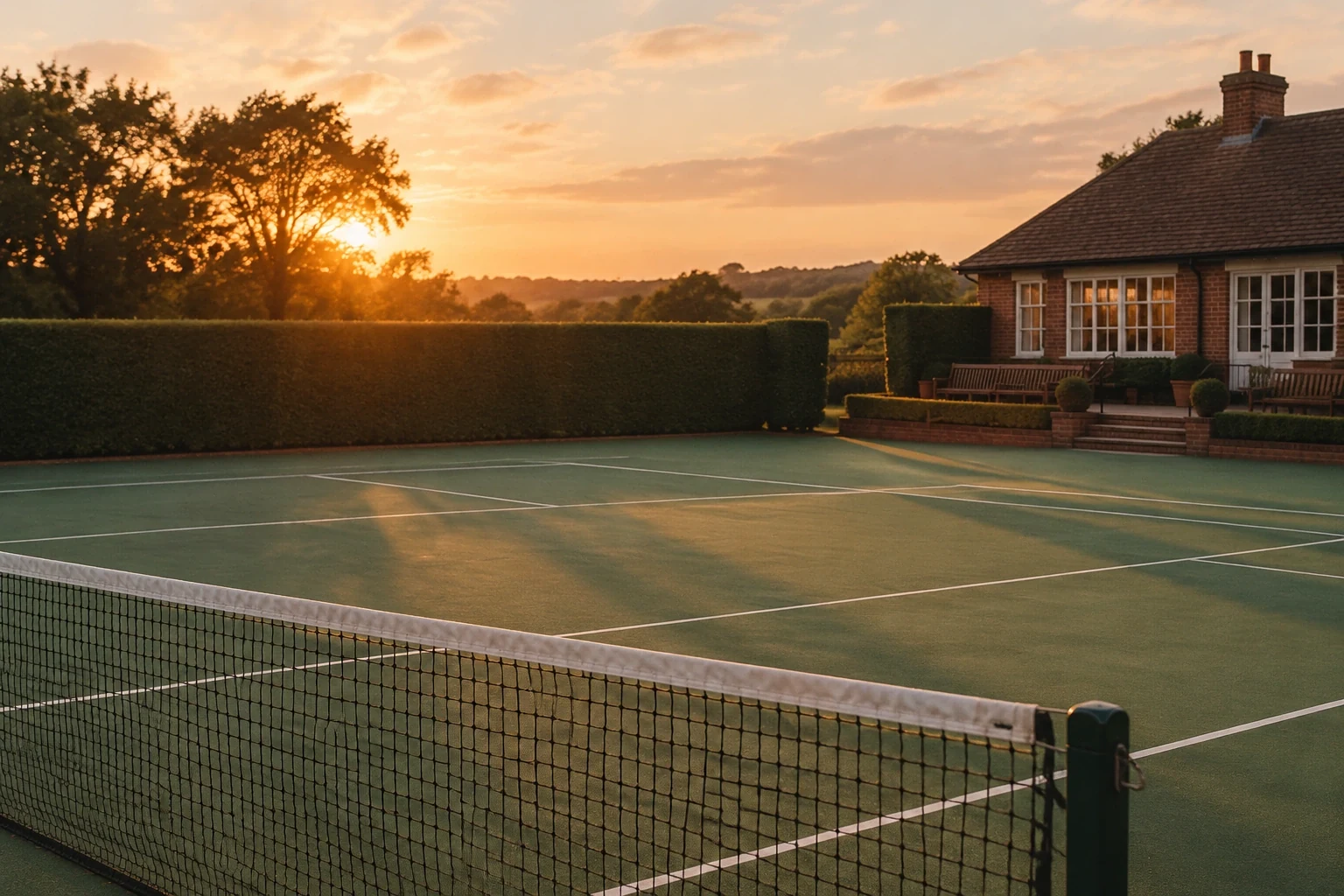 Empty British club tennis court at sunset