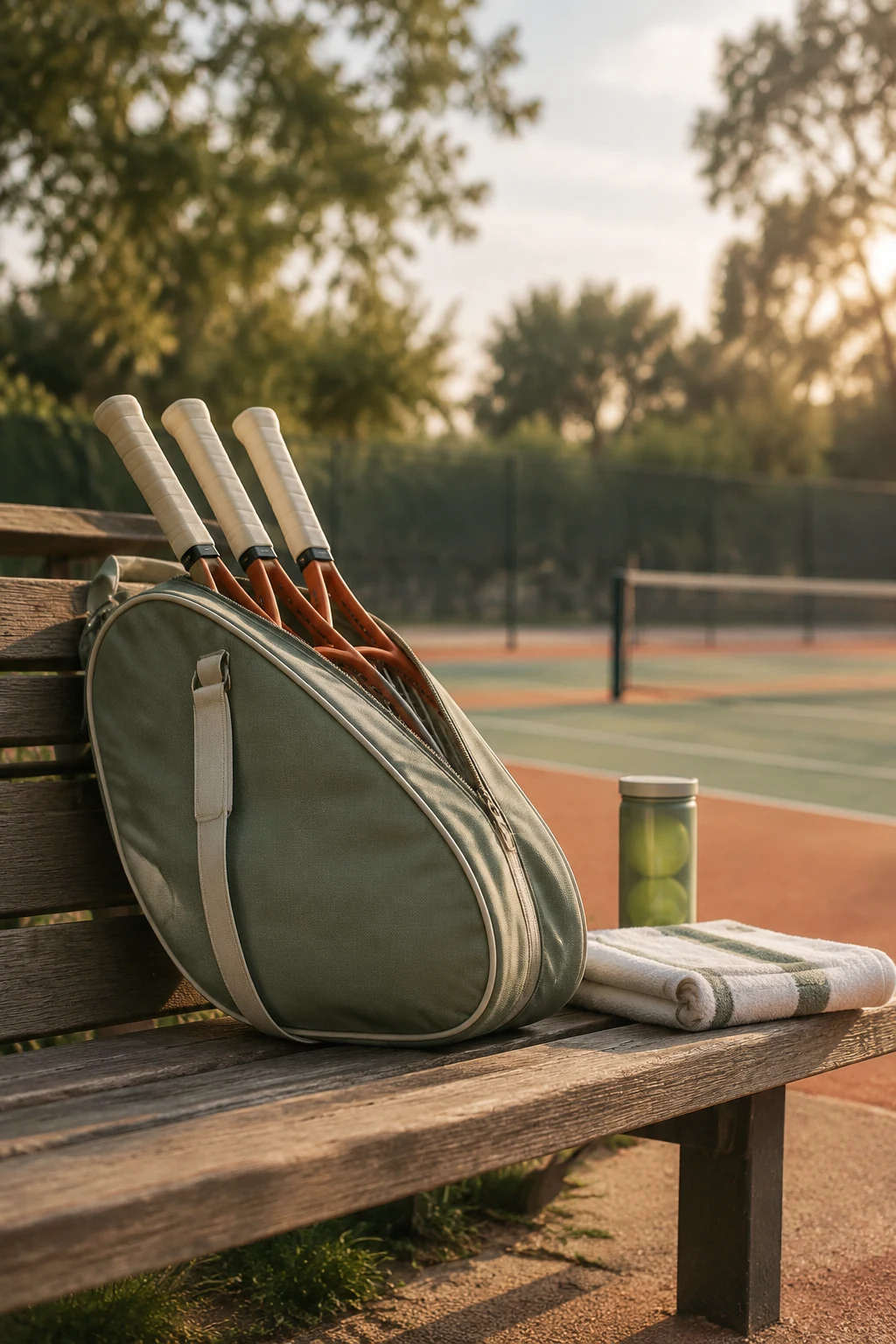 Racket bag with three rackets on a wooden bench beside a tennis court