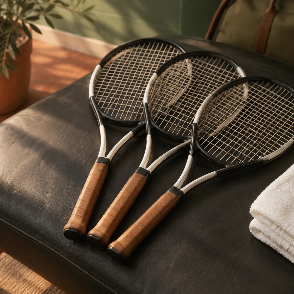 Three matched black tour tennis rackets with leather grips