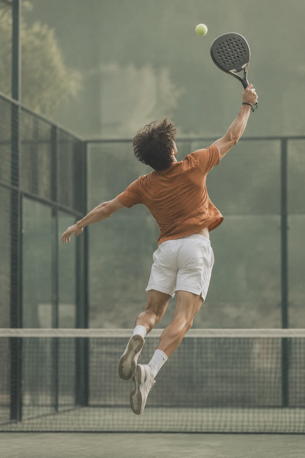 Padel player jumping for an overhead smash inside a glass-walled court
