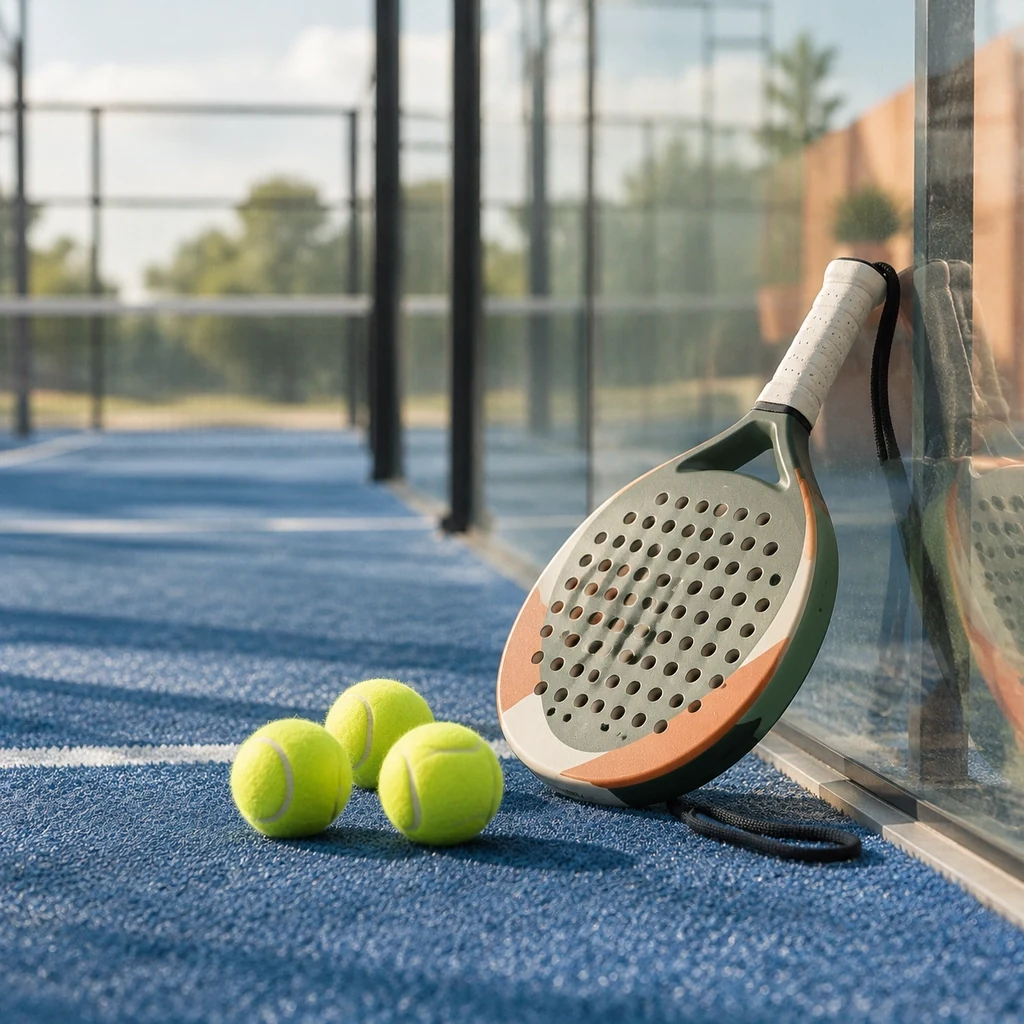 Padel racket and balls on blue turf inside a glass court