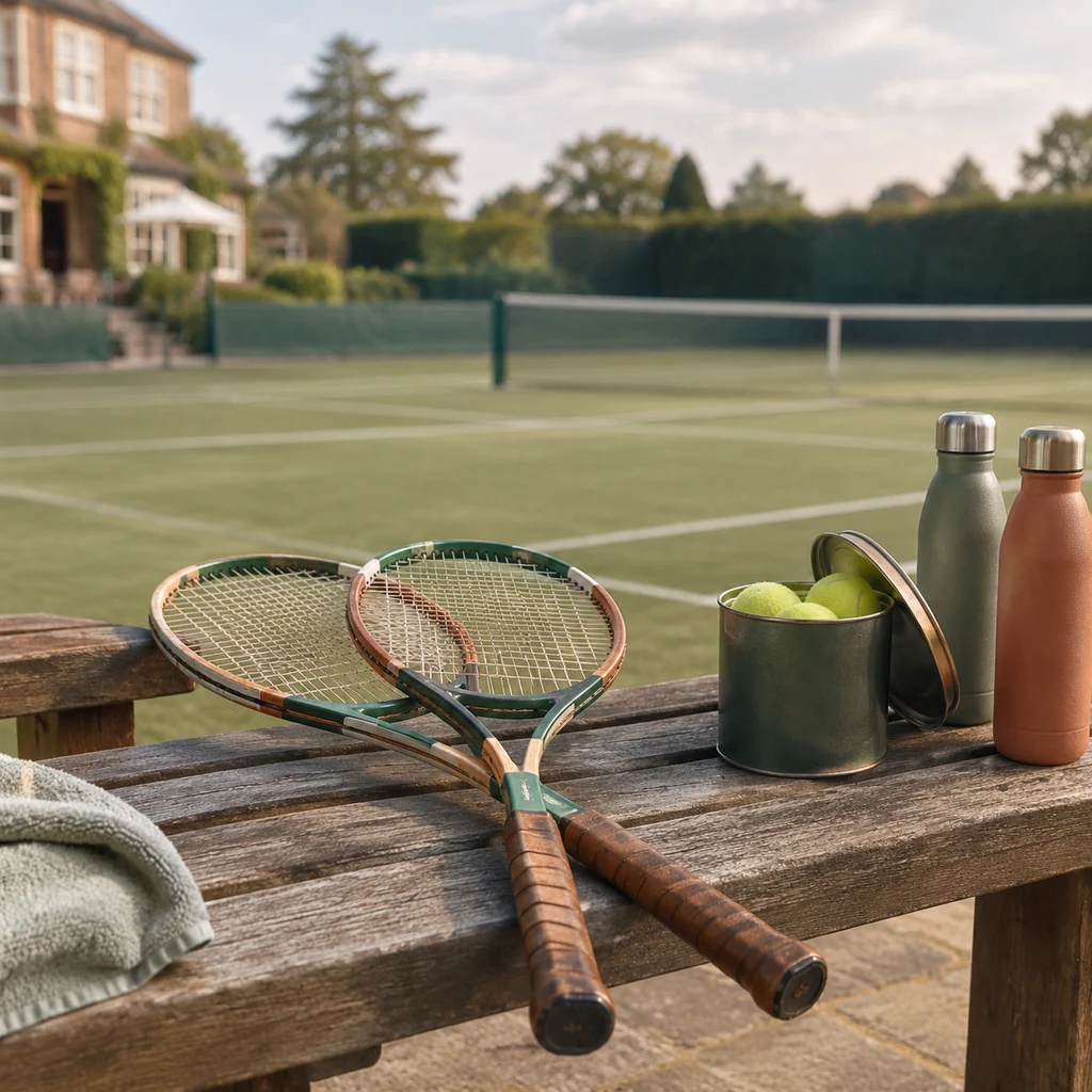 Two tennis rackets crossed on a courtside bench with a tin of balls