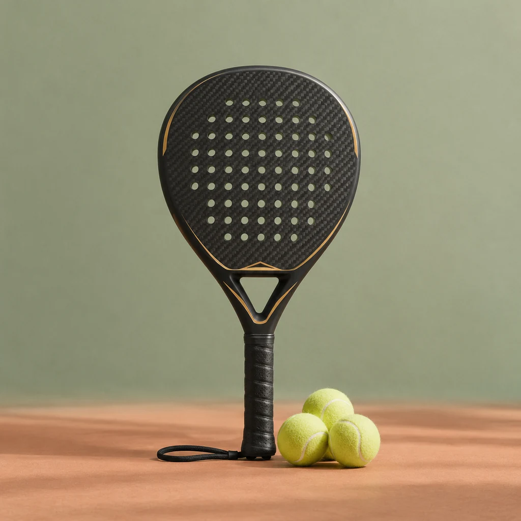 Teardrop carbon padel racket with gold accents and three balls