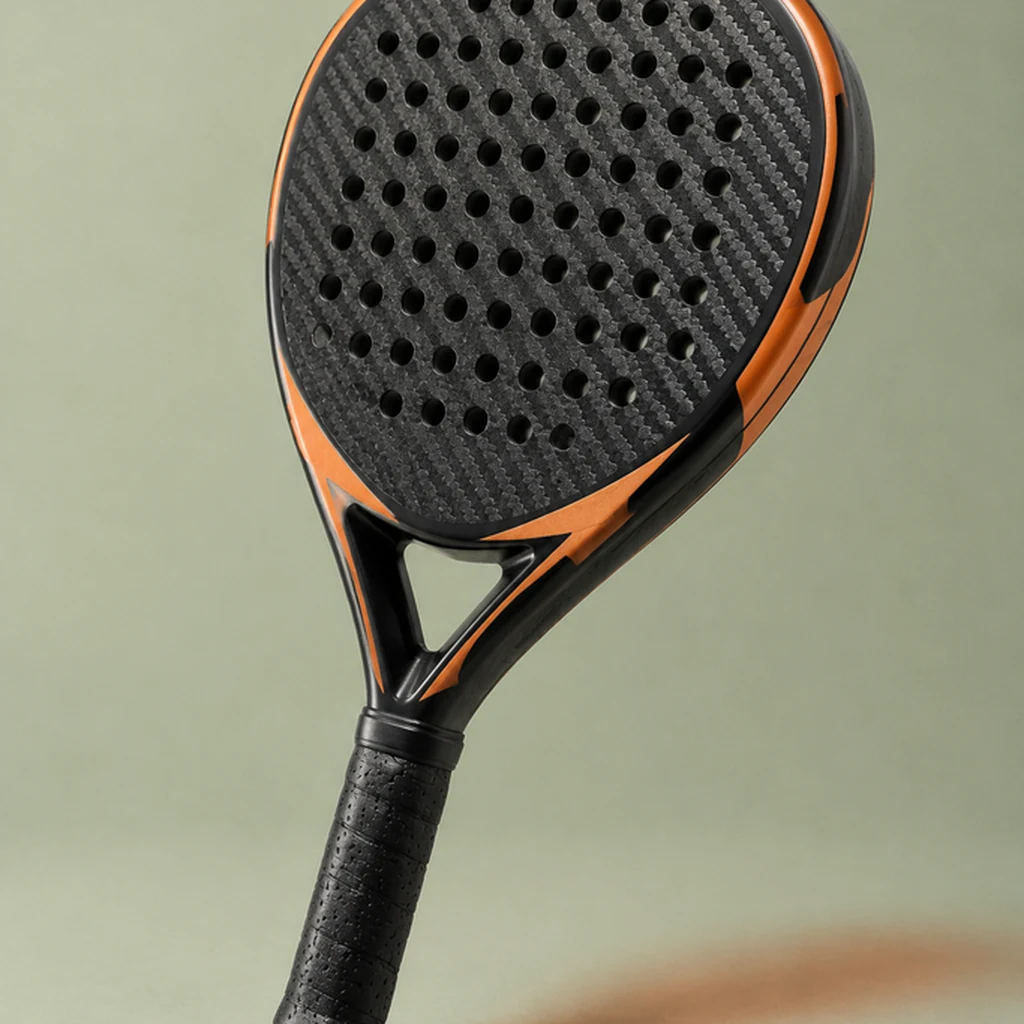 Diamond-shaped black and orange carbon padel racket