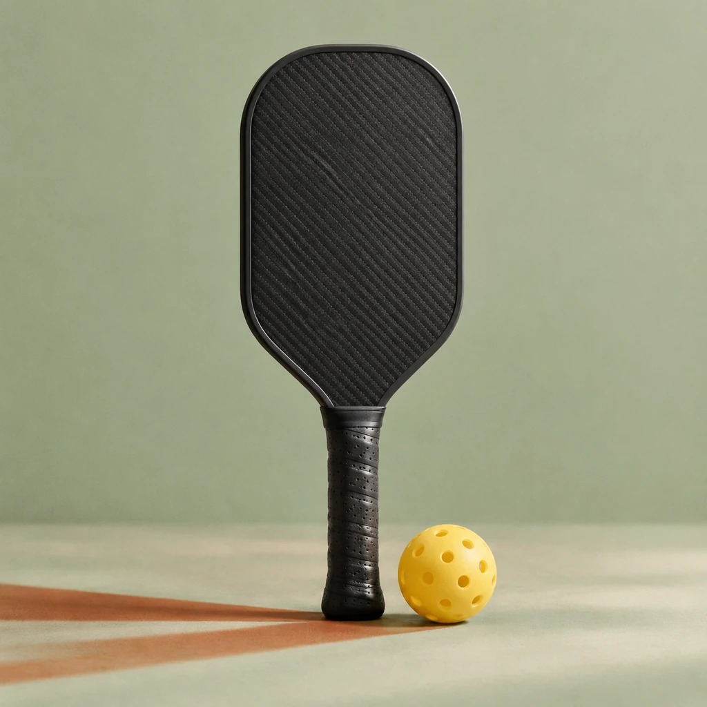 Carbon-faced pickleball paddle beside a yellow pickleball