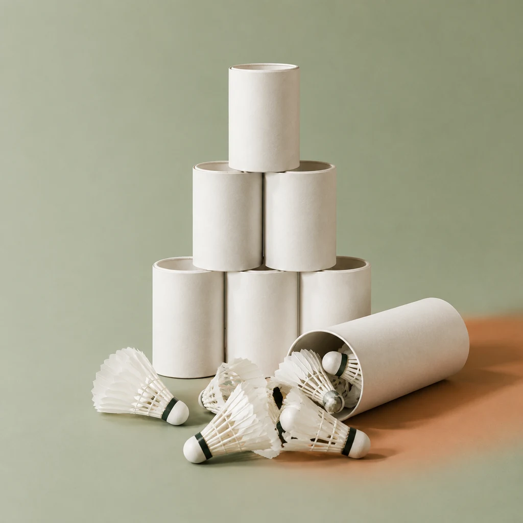 Stacked tubes of feather shuttlecocks with one open tube