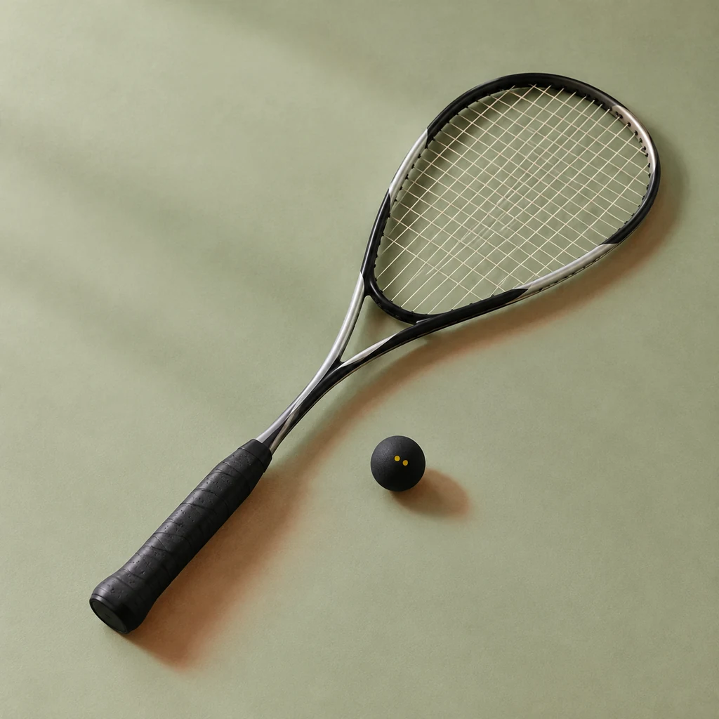 Black and silver squash racket with a squash ball