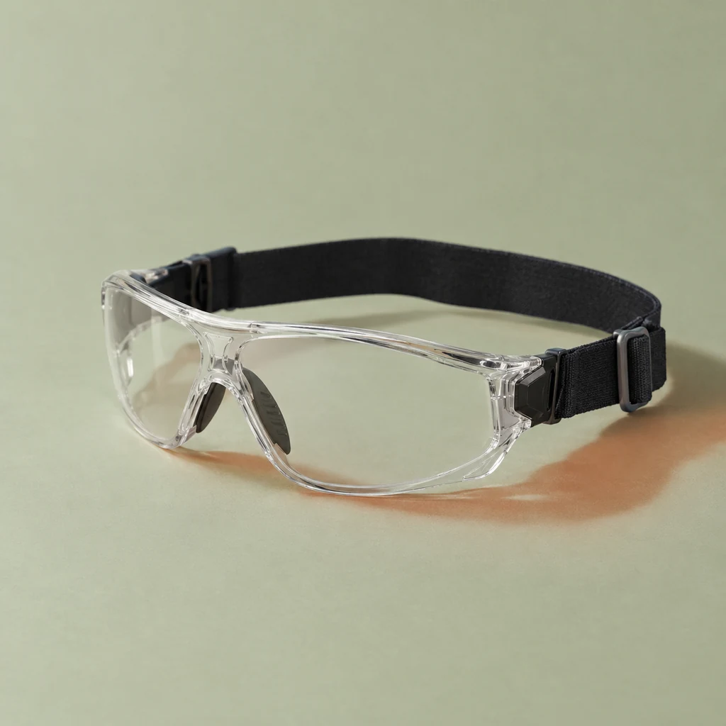 Clear wraparound protective squash eyewear with a black strap