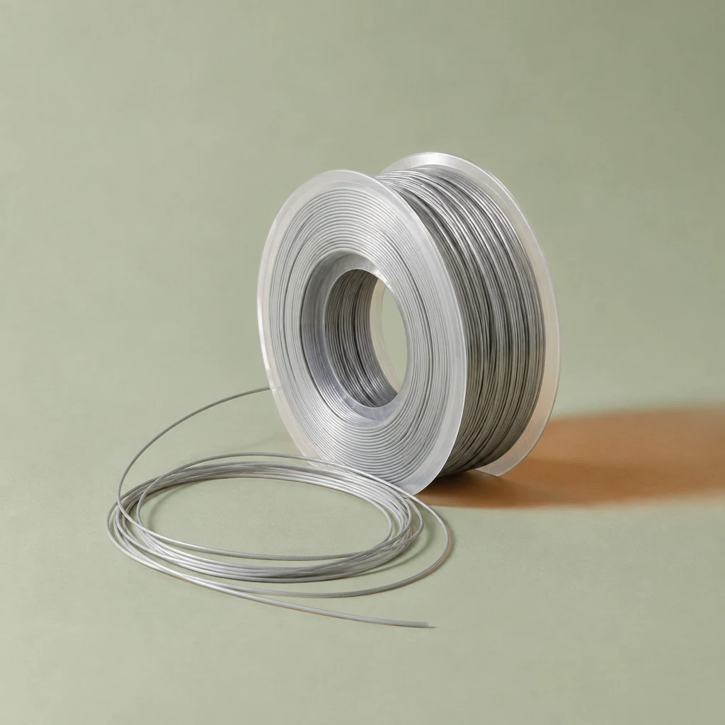 Reel of silver-grey polyester tennis string