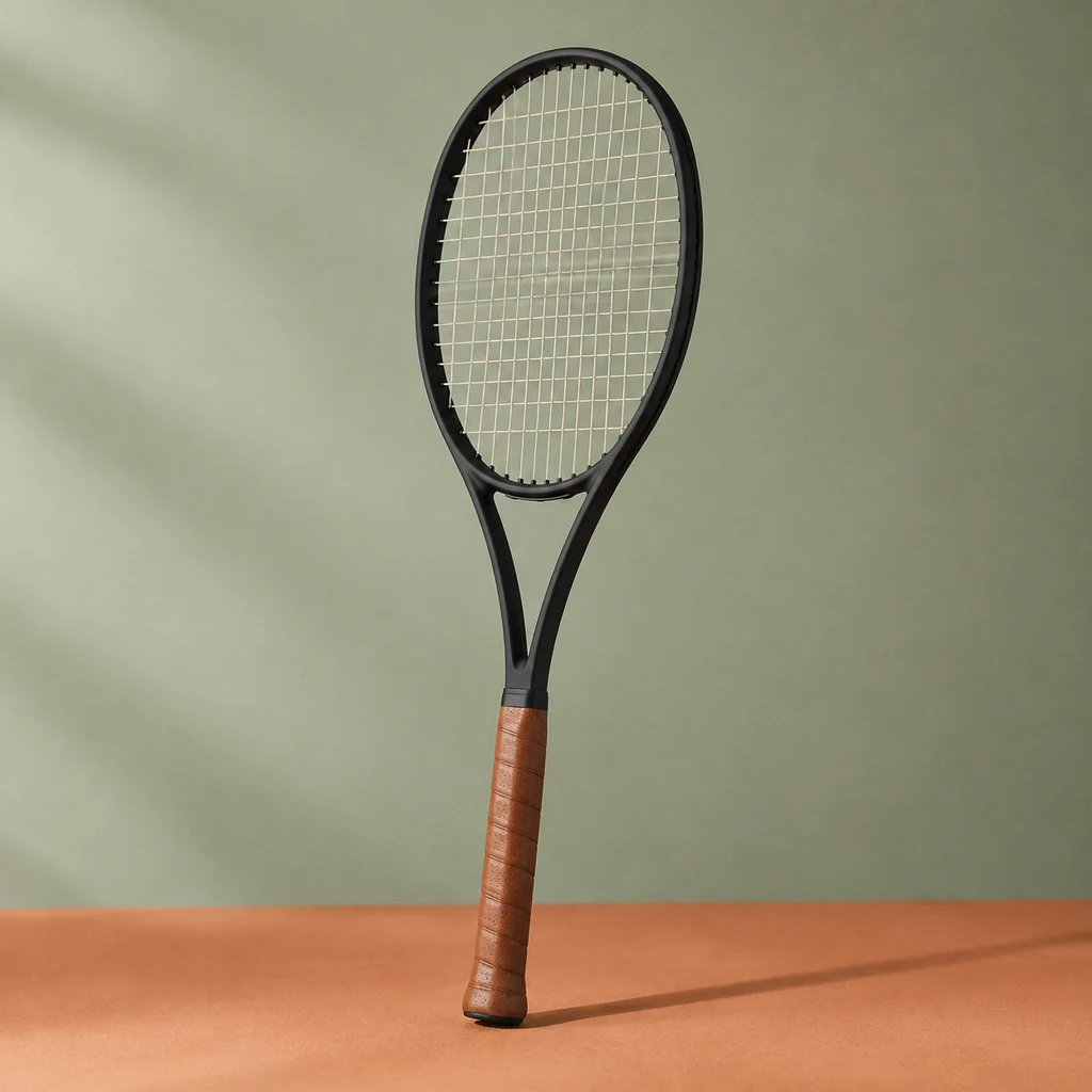 Matte black tour tennis racket with a leather grip