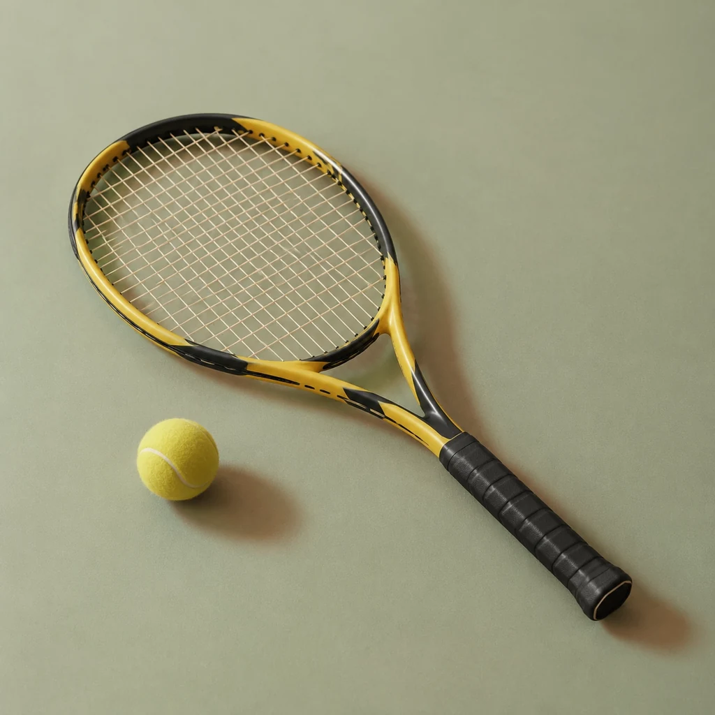 Yellow and black tennis racket with an open string pattern