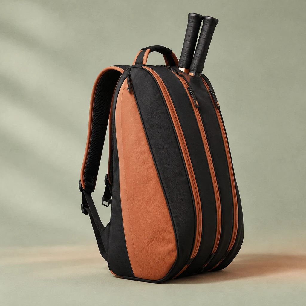 Large black and terracotta racket bag with three compartments
